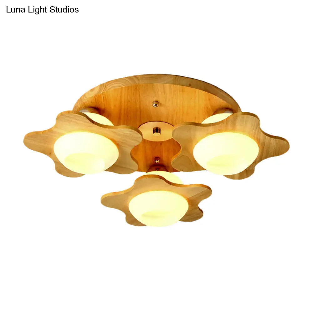 DecorBites™ DecorBites™ Semi Mount Wood Floral Flushmount Lighting with Beige Milk Glass Shade - Modern 3/5 Lights