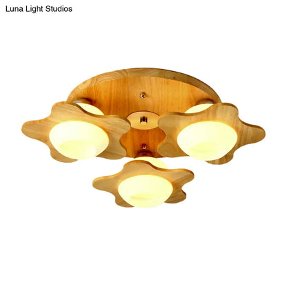 DecorBites™ DecorBites™ Semi Mount Wood Floral Flushmount Lighting with Beige Milk Glass Shade - Modern 3/5 Lights