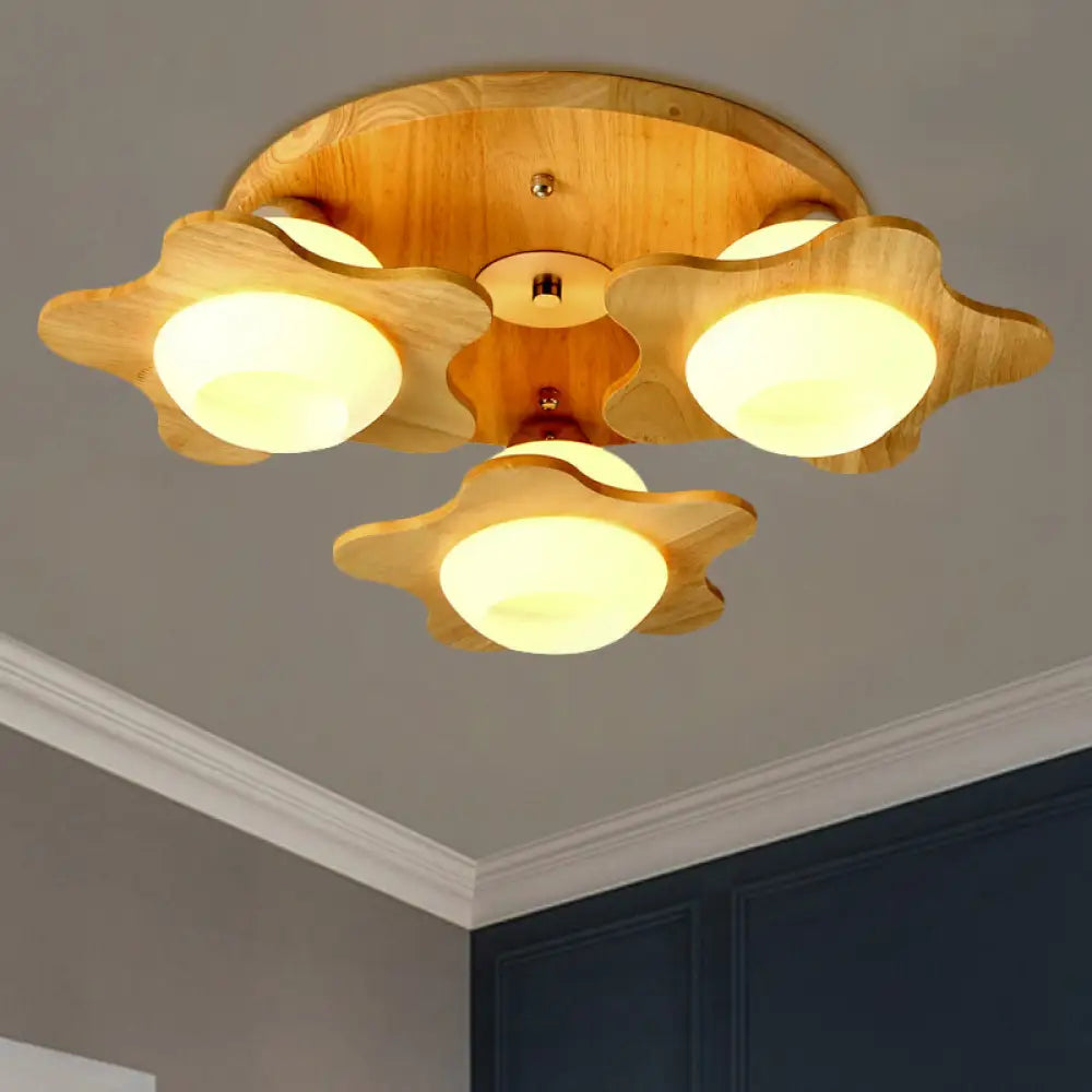 DecorBites™ DecorBites™ Semi Mount Wood Floral Flushmount Lighting with Beige Milk Glass Shade - Modern 3/5 Lights