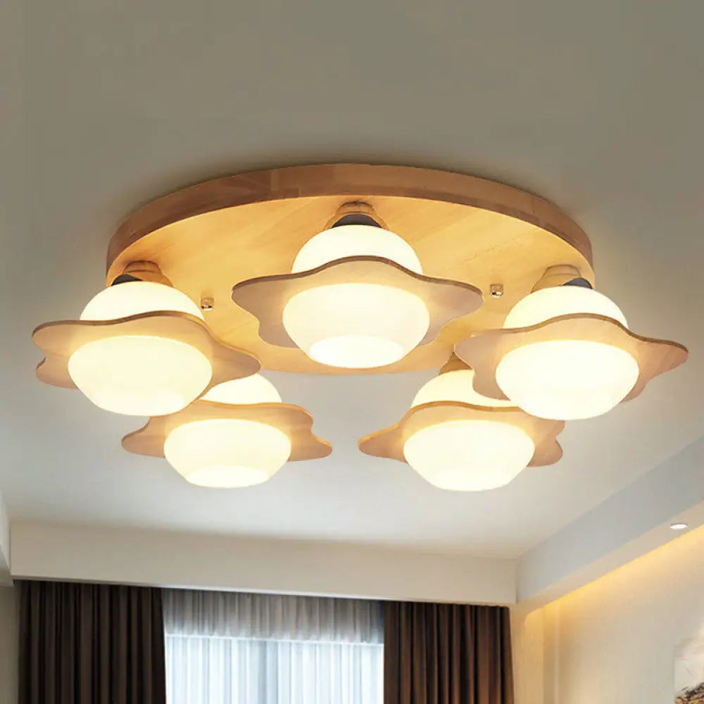 DecorBites™ DecorBites™ Semi Mount Wood Floral Flushmount Lighting with Beige Milk Glass Shade - Modern 3/5 Lights
