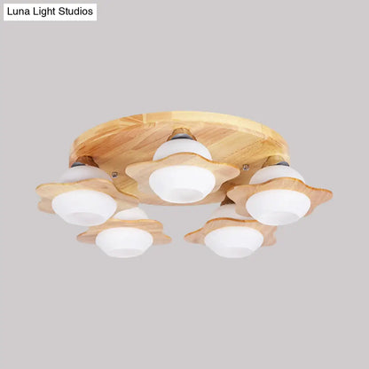 DecorBites™ DecorBites™ Semi Mount Wood Floral Flushmount Lighting with Beige Milk Glass Shade - Modern 3/5 Lights