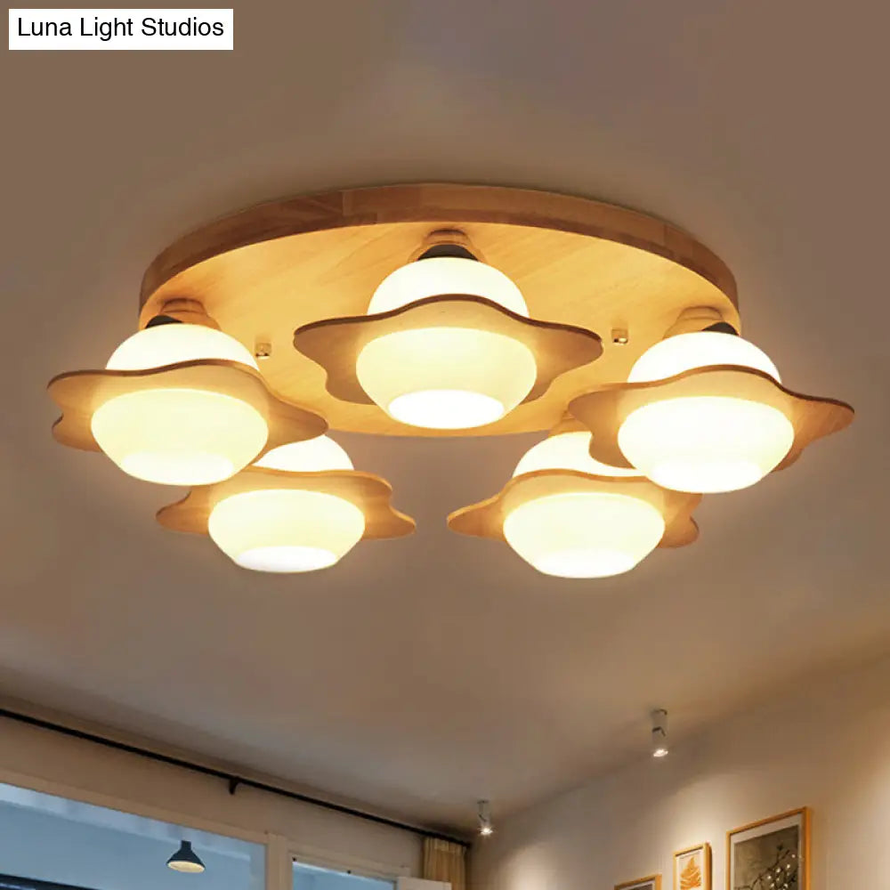 DecorBites™ DecorBites™ Semi Mount Wood Floral Flushmount Lighting with Beige Milk Glass Shade - Modern 3/5 Lights