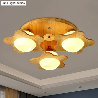 DecorBites™ DecorBites™ Semi Mount Wood Floral Flushmount Lighting with Beige Milk Glass Shade - Modern 3/5 Lights