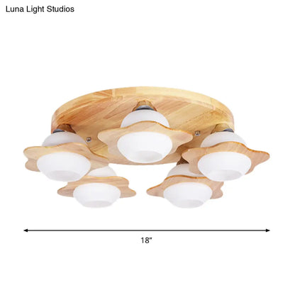 DecorBites™ DecorBites™ Semi Mount Wood Floral Flushmount Lighting with Beige Milk Glass Shade - Modern 3/5 Lights