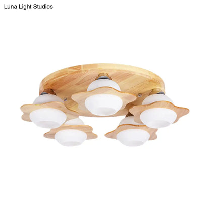 DecorBites™ DecorBites™ Semi Mount Wood Floral Flushmount Lighting with Beige Milk Glass Shade - Modern 3/5 Lights