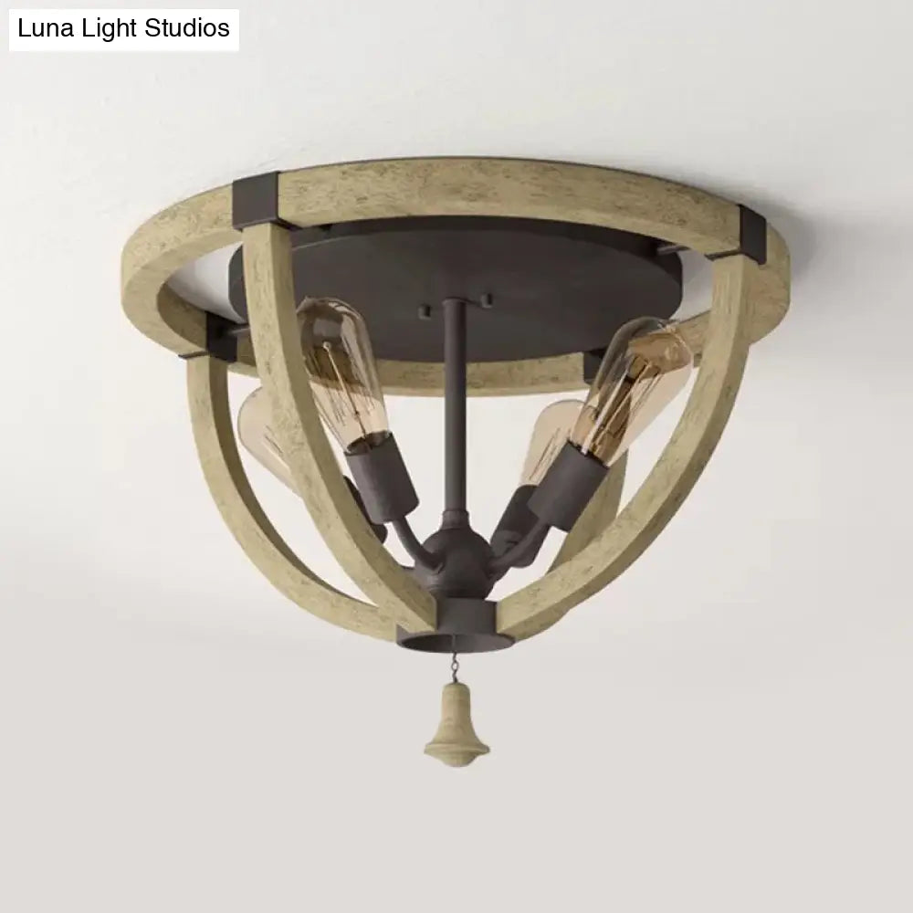 DecorBites™ DecorBites™ Semi-Mount Wood Khaki Dome Frame Ceiling Flush Light - Warehouse Style, 4-Bulb