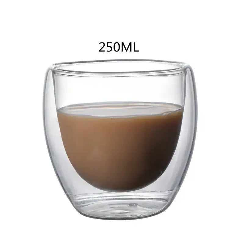 Clear double wall glass cup tumbler holding brown beverage marked with 250ml capacity for kitchen and dining use