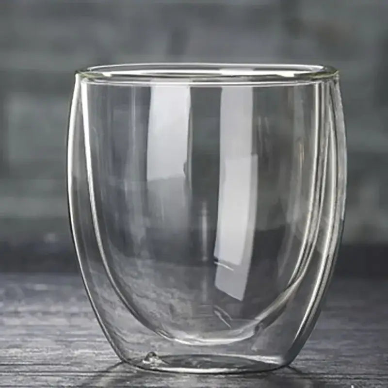 Set of 3 clear double wall glass cup tumblers with rounded rims and sturdy bases for kitchen and dining use