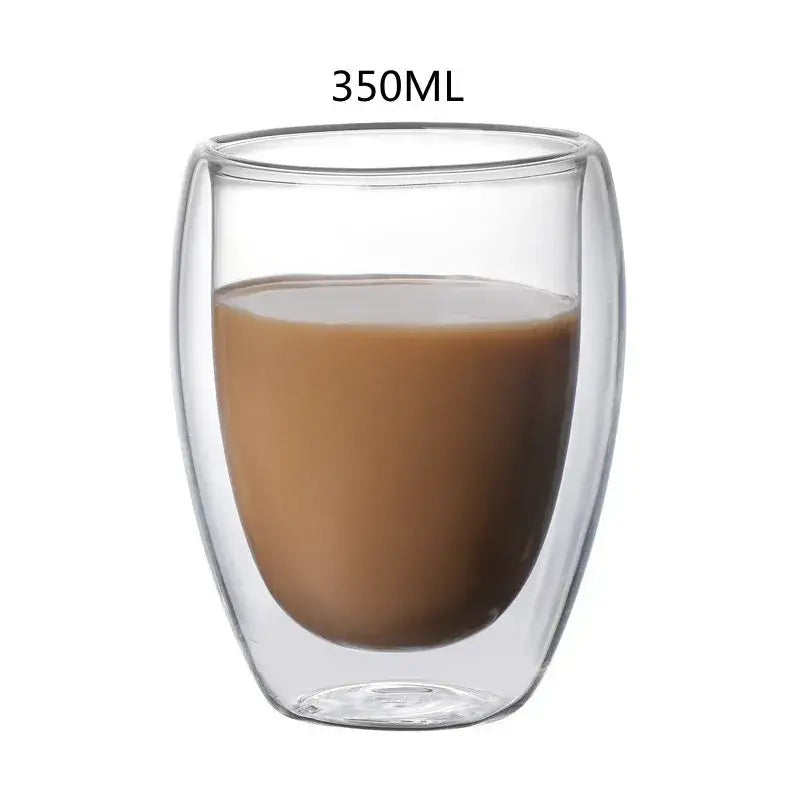 A set of 3 clear double wall glass cup tumblers with 350ml capacity filled with brown beverage for kitchen use