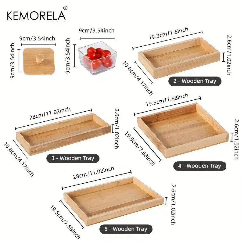Set of five natural bamboo wood trays in various sizes including one with a clear glass lid and bamboo wood lid