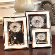 Set of three golden alloy shell photo frames with mother-of-pearl inlays displaying black-and-white dandelion photos