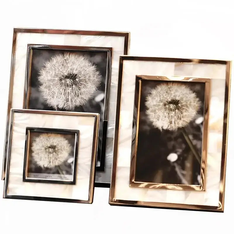 Set of 3 golden alloy shell photo frames with mother-of-pearl inlays featuring black and white dandelion photos