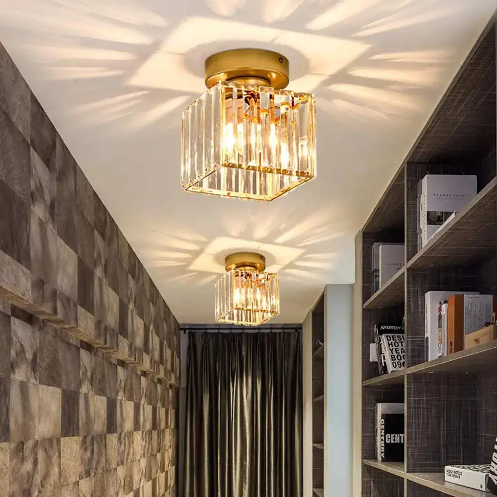 Gold-finished ceiling lights with square frame and vertical crystal prisms from decorbites crystal mini ceiling set