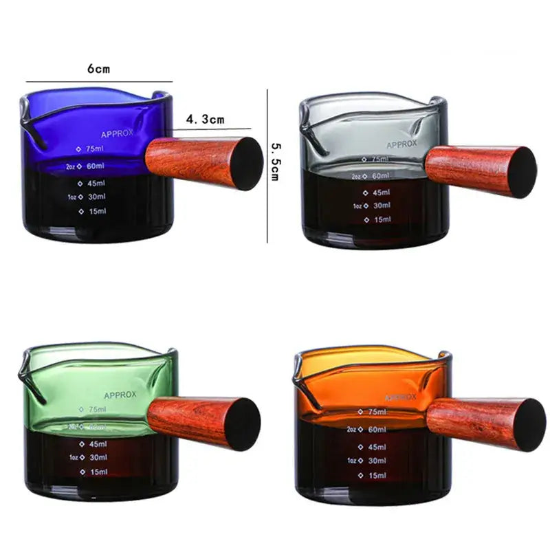 Set of 4 colorful decorbites glass double mouth measuring cups with wooden handles and clear volume markings