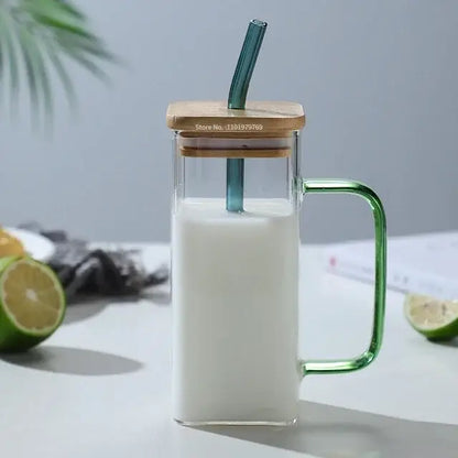 Set of 5 square clear glass mugs with colored handle layer green handle and straw with bamboo lid for kitchen use