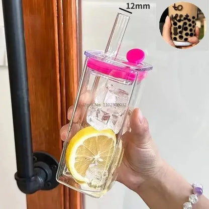 Set of 5 square glass mugs with colored handle layer featuring a clear glass tumbler with pink lid straw and lemon slice inside