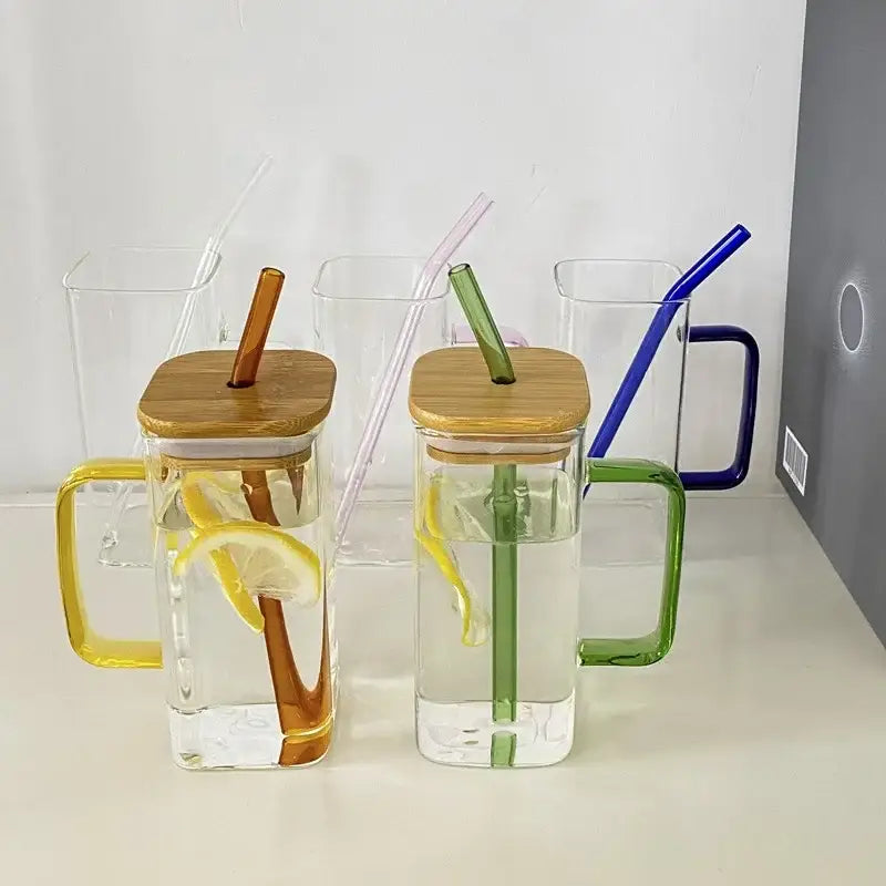 Set of 5 square clear glass mugs with colored handle layer bamboo lids and matching straws with lemon slices