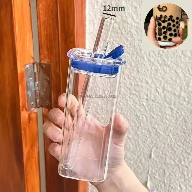 Set of 5 square glass mugs with colored handle layer and clear glass reusable water bottle with blue handle layer lid and straw