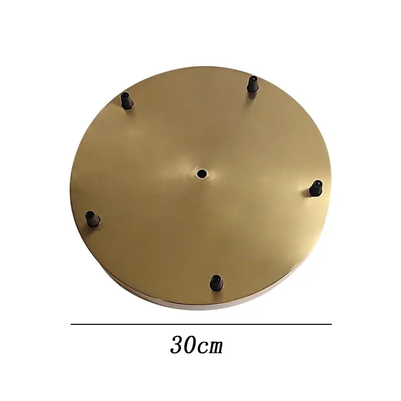 Set of 6 brass ceiling plate lamp bases with 30cm diameter circular brushed brass base and five black plastic feet
