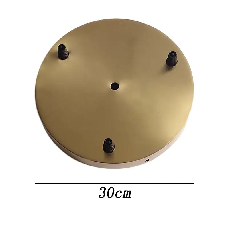 Set of 6 brushed brass ceiling plate lamp bases with 30cm diameter brass ceiling fixture and three black mounting screws