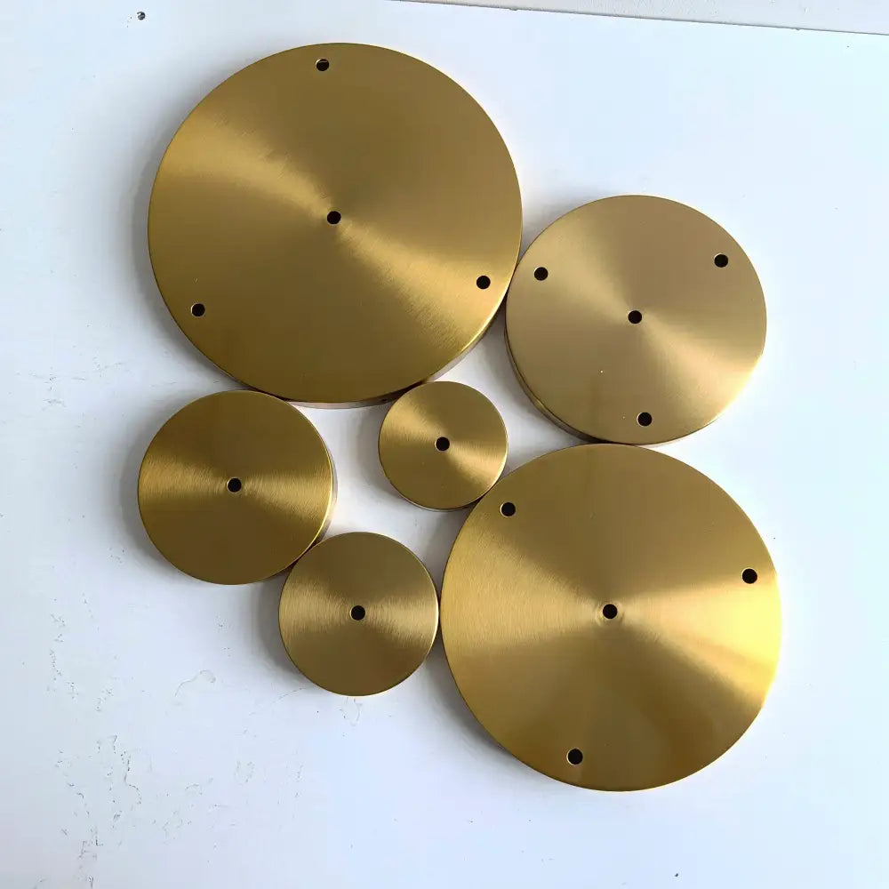 Set of six brass ceiling plate lamp bases with brushed finish and evenly spaced holes for kitchen diy use
