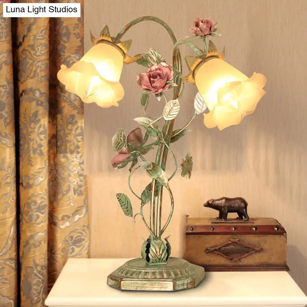 Shabby chic green metal table lamp with led incandescent fluorescent 220v-240v 110v-120v rose and leaf design for bedroom