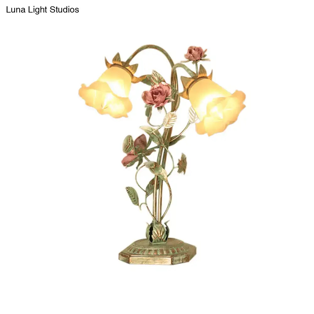 Shabby chic green rose table lamp with painted metalwork and three warm-toned led glass shades for bedroom use compatible with 220v-240v 110v-120v incandescent fluorescent bulbs