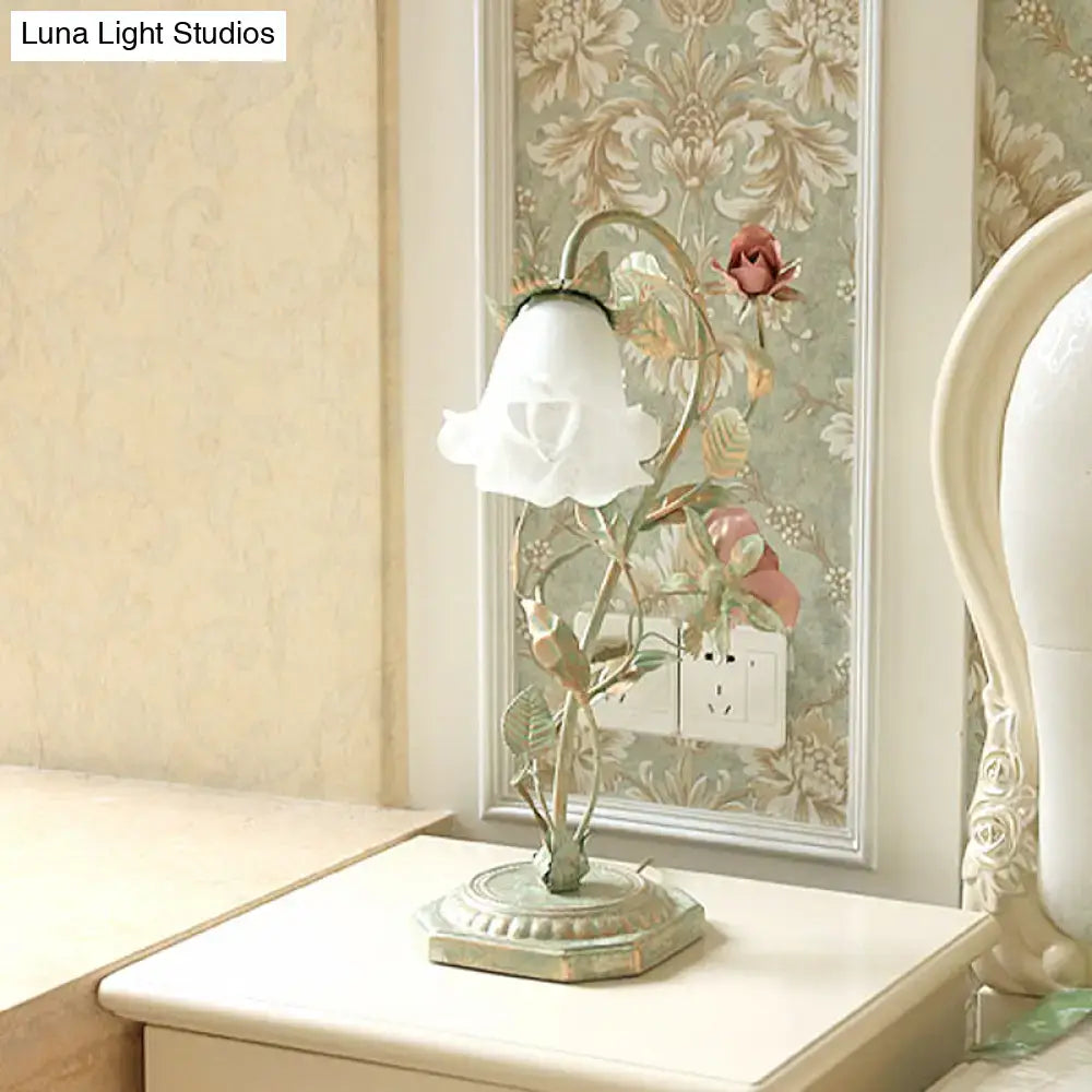 Shabby chic green rose table lamp with white bell-shaped glass shade and ornate metal base for bedroom led lighting 220v-240v 110v-120v