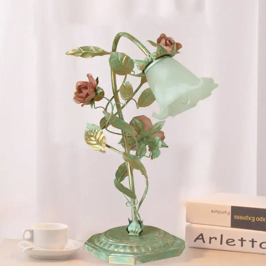 Shabby chic green metal table lamp with rose leaf accents and translucent mint green glass shade compatible with led incandescent fluorescent bulbs 220v-240v 110v-120v