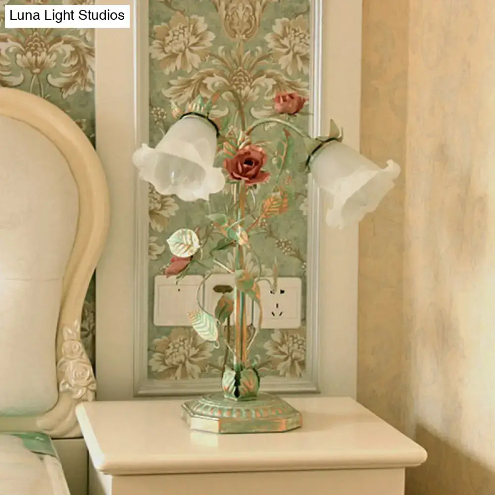 Shabby chic green rose table lamp with translucent white bell shades and led 220v-240v 110v-120v flower light