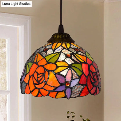 Shaded Tiffany Glass Pendant Light - Elegant 1-Bulb Suspension Fixture for Corridor