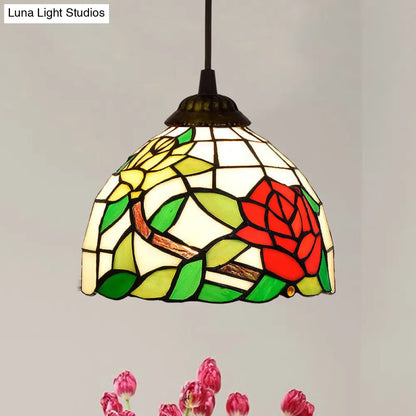 Shaded Tiffany Glass Pendant Light - Elegant 1-Bulb Suspension Fixture for Corridor