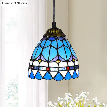 Shaded Tiffany Glass Pendant Light - Elegant 1-Bulb Suspension Fixture for Corridor