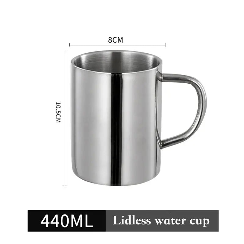 A sleek shiny stainless steel double wall coffee mug 440ml with polished finish and integrated handle for travel use