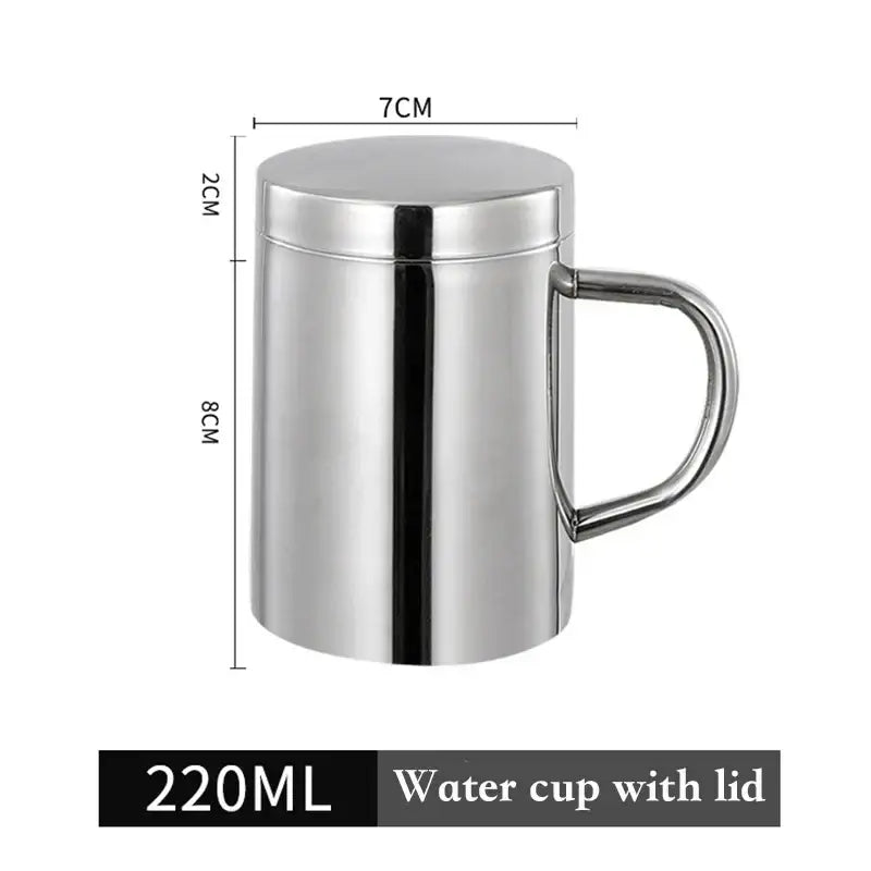 A sleek 220ml shiny stainless steel double wall coffee mug with matching lid and handle for travel use