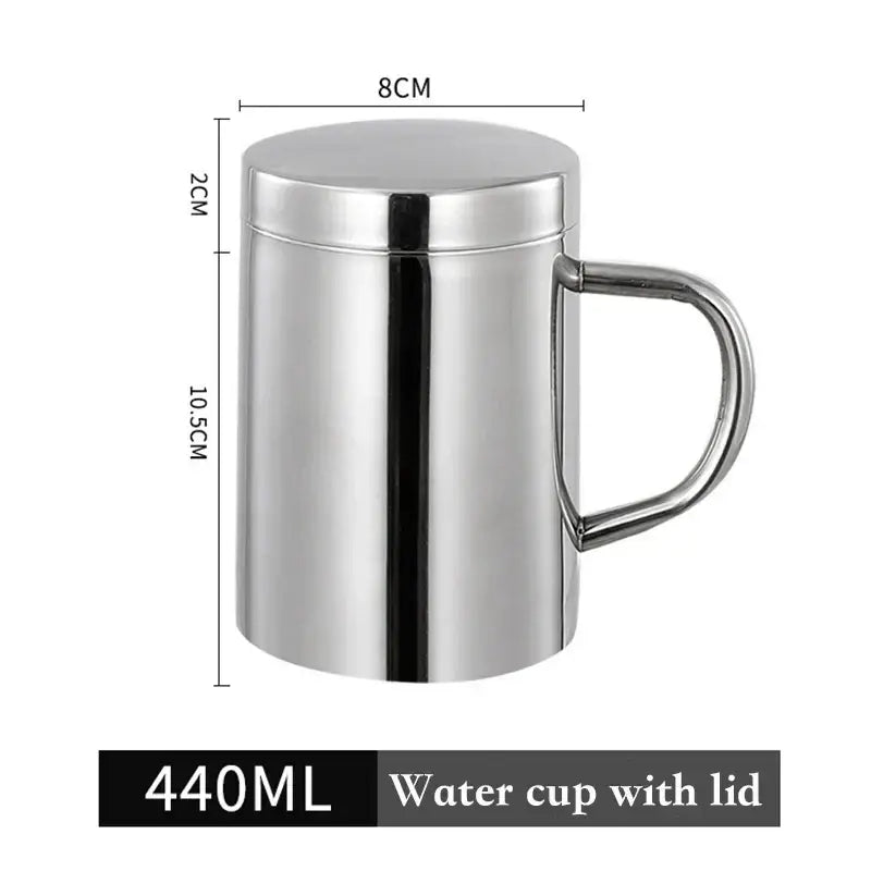 A sleek 440ml shiny stainless steel double wall coffee mug with matching lid and handle for kitchen travel use