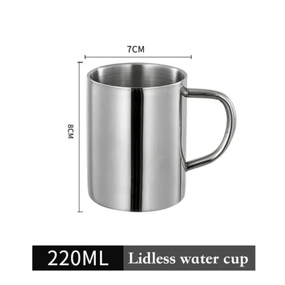 A sleek 220ml shiny stainless steel double wall coffee mug with polished finish and curved handle for travel use