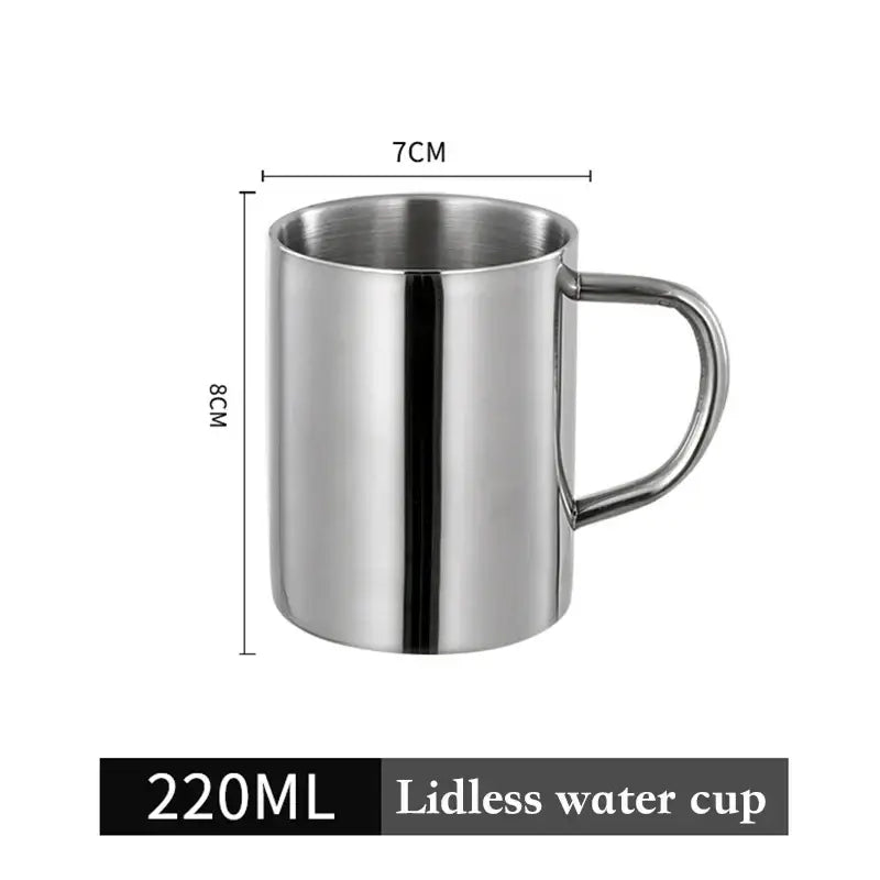 A sleek 220ml shiny stainless steel double wall coffee mug with polished finish and curved handle for travel use