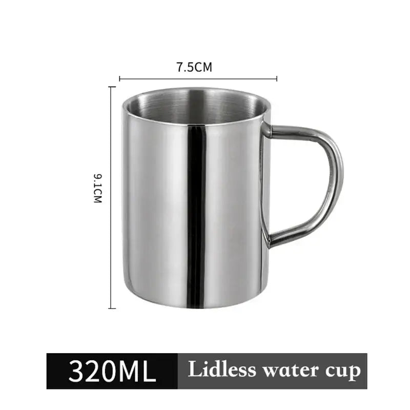 A sleek 320ml double wall stainless steel lidless coffee mug with polished metallic finish and sturdy handle for travel