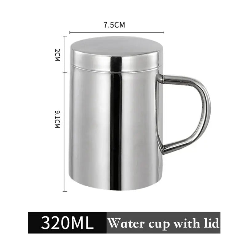 Shiny stainless steel double wall stainless coffee mug with lid and handle 320ml capacity for travel use