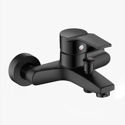 Black matte-finish wall-mounted alloy shower faucet with sleek design and integrated handle for home bathtub use