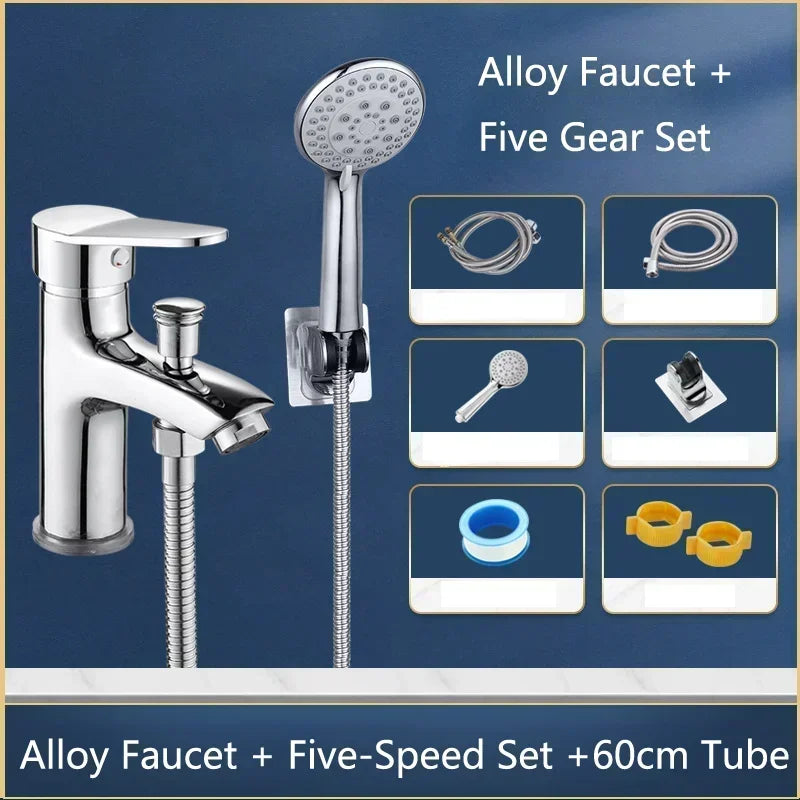 Shower faucet set multifunctional featuring shiny chrome alloy faucet with matching handheld showerhead and flexible hose