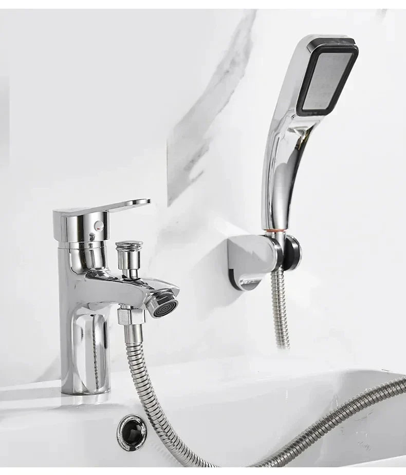 Shower faucet set multifunctional with chrome finish, sleek modern design, and flexible hose attached to handheld showerhead