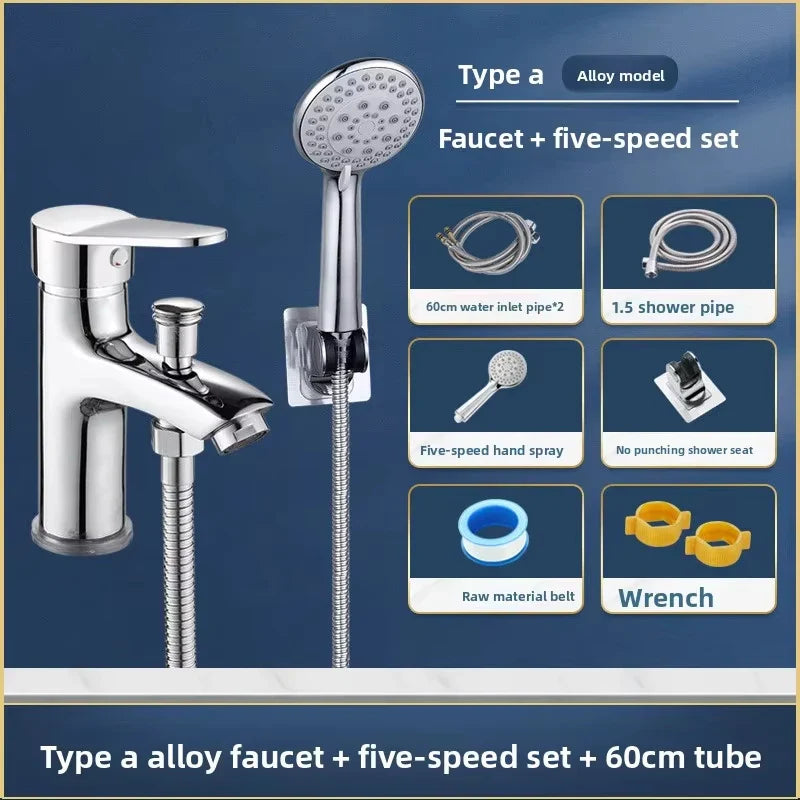 Shower faucet set multifunctional with shiny chrome-finished type a alloy faucet and integrated five-speed shower set