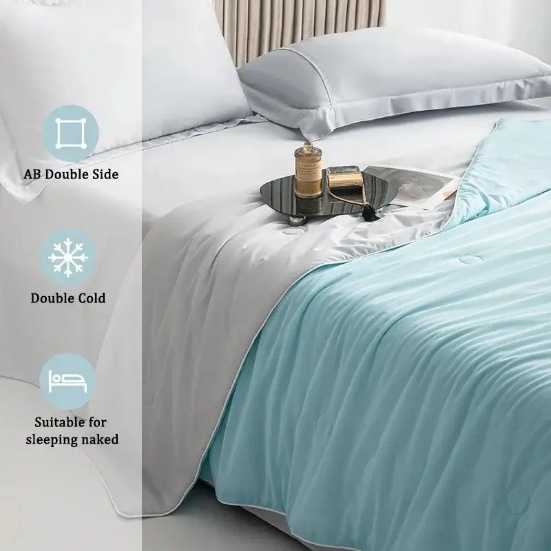 Silky light blue cooling queen quilt with white border and double-sided ab design for summer sleeping naked