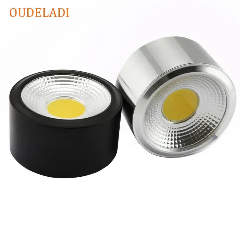 Two oudeladi brand 15w cob led downlights in black matte and polished chrome with yellow cob led light for decorative lighting