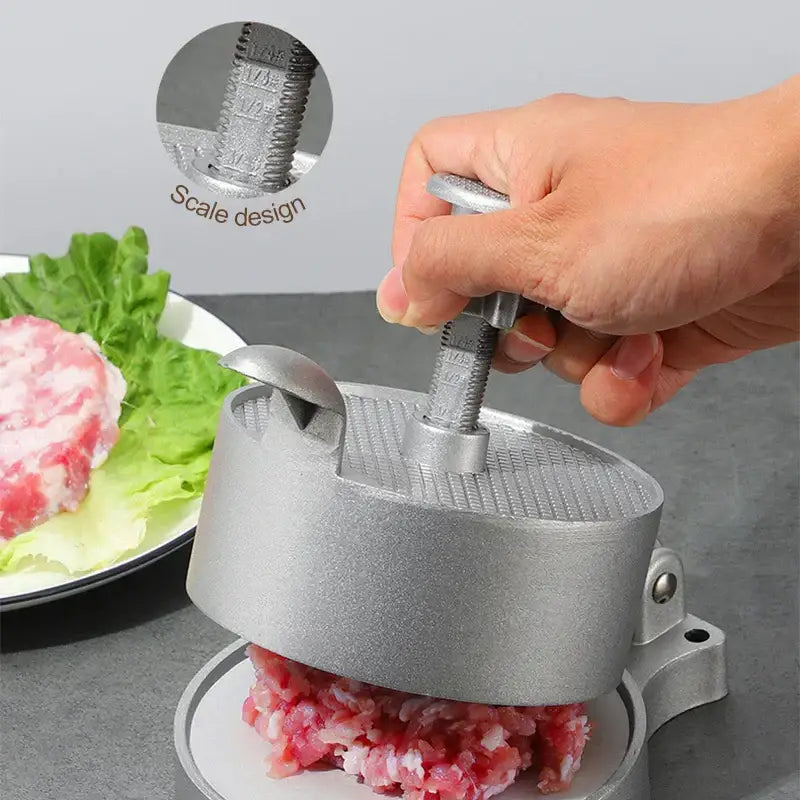Silver aluminum meat press tool with threaded handle and textured pressing surface for hamburger press use
