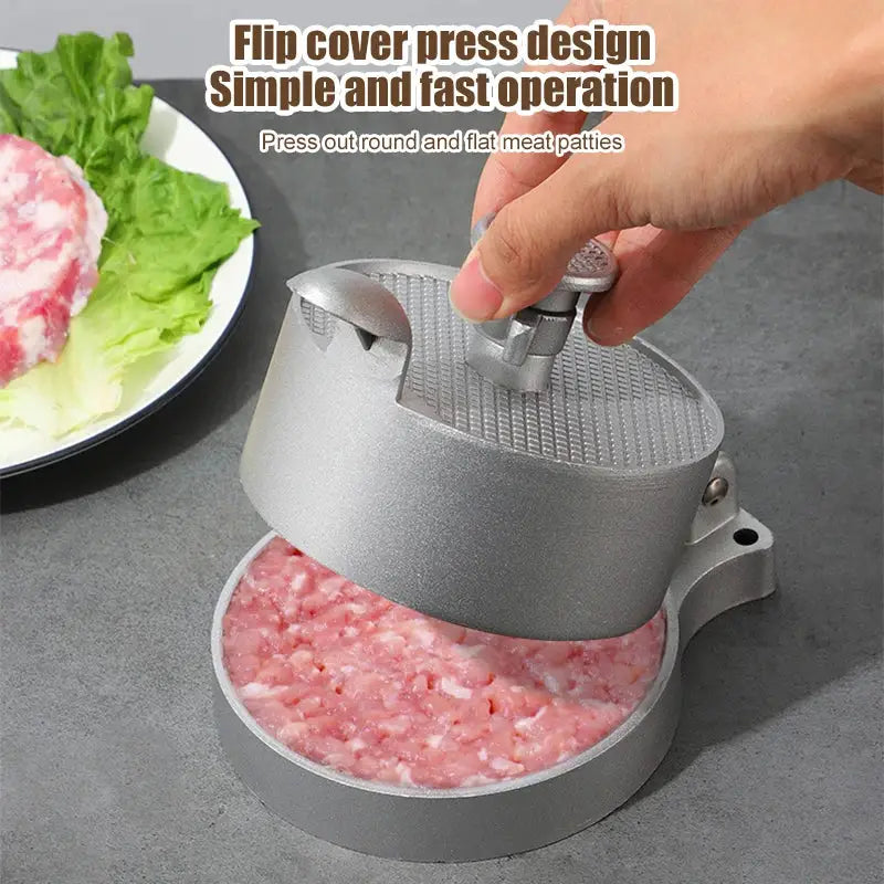 Silver aluminum meat press tool with textured pressing surface and handle for easy operation hamburger press