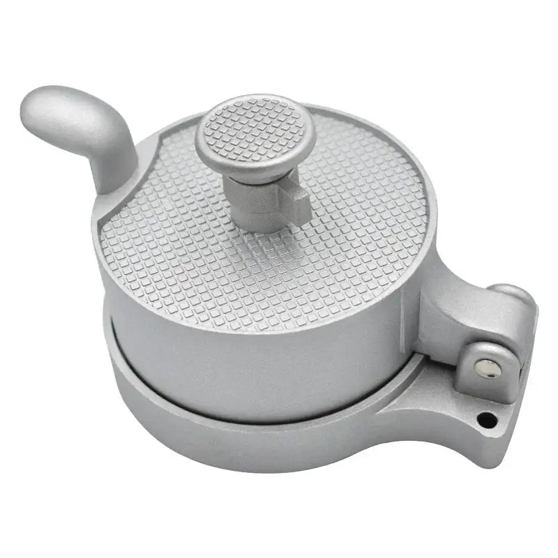 Silver aluminum meat press tool with textured top surface and handle for kitchen hamburger press use