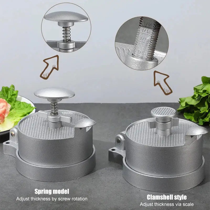 Silver aluminum meat press tool with spring-loaded top and textured surface for precise hamburger press use